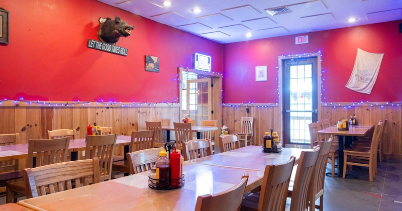 Interior, wooden tables and chairs, decoration