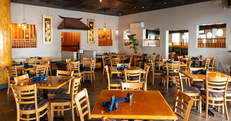 Interior, tables and chairs ready for guests