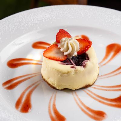 Black Cherry Cheesecake with fresh strawberries, whipped cream, and a fruit sauce.