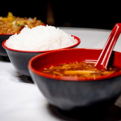 Bowl of stew and bowl of rice