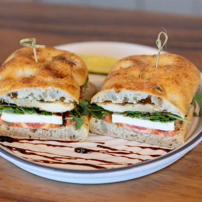 Grilled chicken sandwich, served, front view.