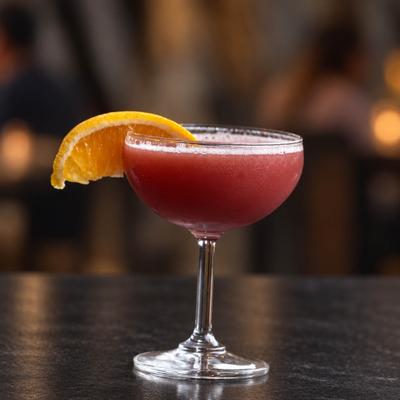 Honey Ruby Lemonade mocktail served in a coupe glass with a slice of orange.