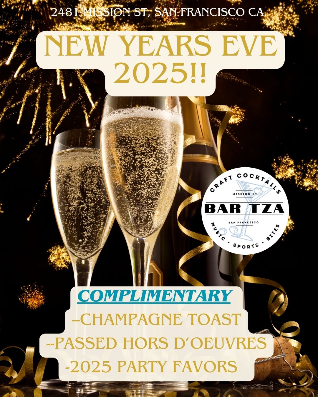 New Years Eve Celebration! Complimentary champagne toast, passed hor'dourves and more