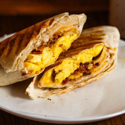 Breakfast wrap with bacon, egg, and cheese.