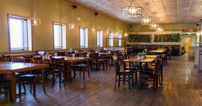 Diner area, tables, chairs, wide view
