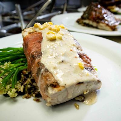 Prosciutto wrapped fish meat