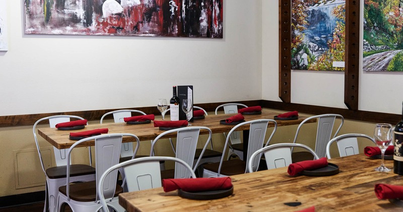 Interior, tables and chairs in dining area