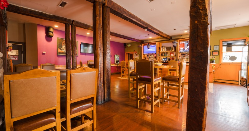 Interior, colorful seating space