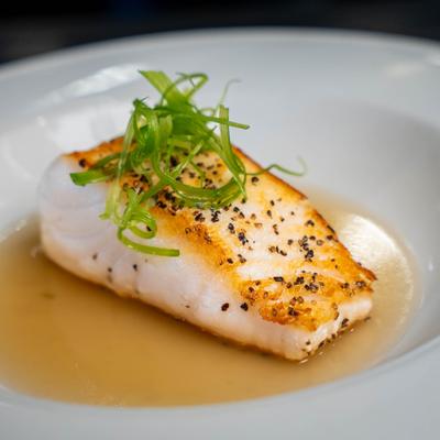 Chilean sea bass, served, front view, closeup