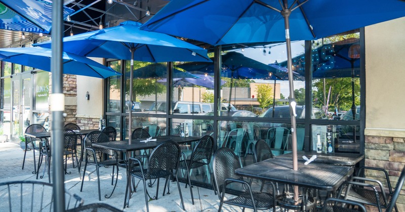 Outdoor, seating area near the windows