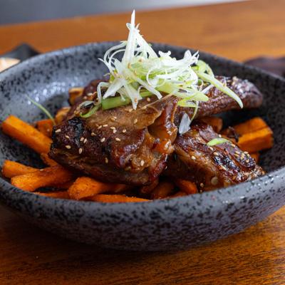 Pork Riblets, with Asian BBQ sauce, and sweet potato fries.