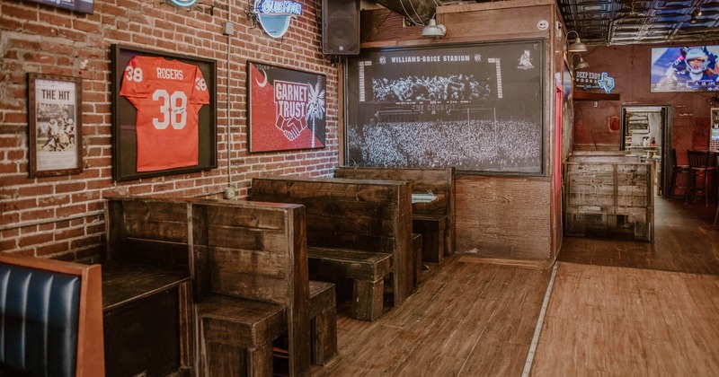 Interior, seating area with wooden booths