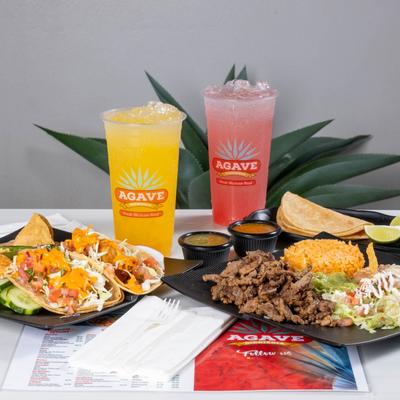 Assorted food and drinks.