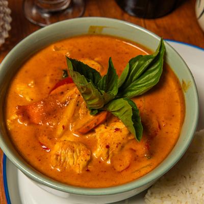 Red Curry with bamboo, carrot, bell pepper and fresh basil.