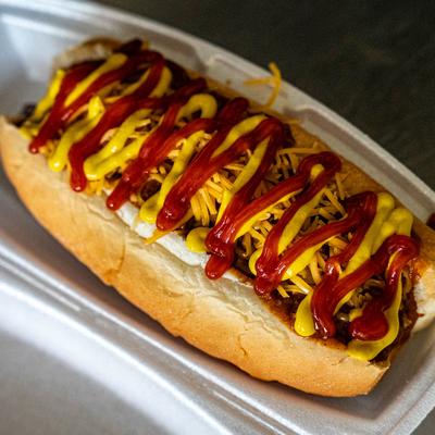 Chili Dog with ketchup and mustard.