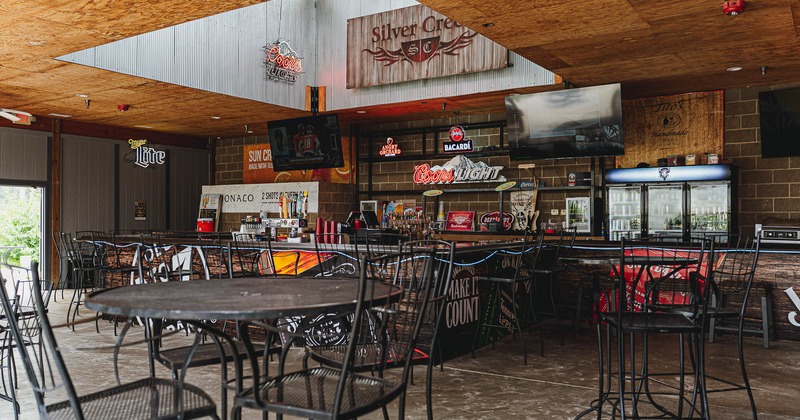 Exterior, patio with tables and chairs