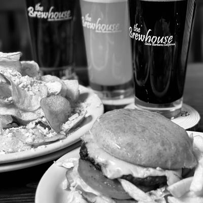 Brewhouse Burger with Gorgonzola chips Brewhouse beers in background.