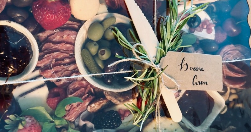 Platter tray with assorted food items, top view