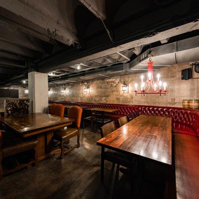Interior seating area, tables and booths.