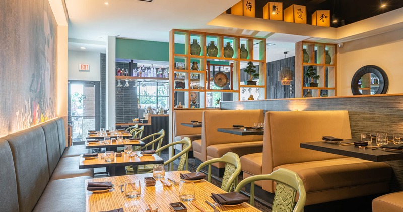 Interior, set dining area, ready to receive guests