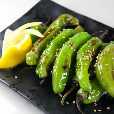 Grilled shishito peppers.