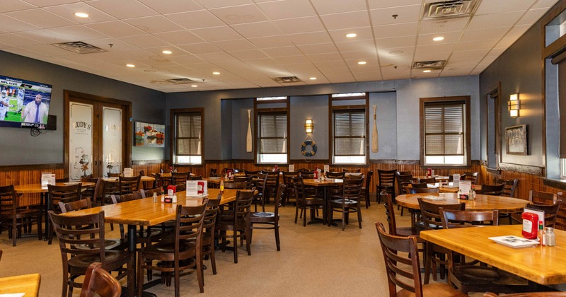 Interior, seating area with  tables and chairs