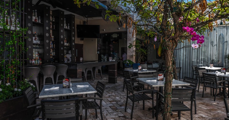 Patio area, tables ready for guests