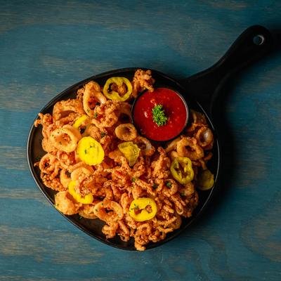 Fried Calamari, with Banana Pepper and Marinara Sauce.