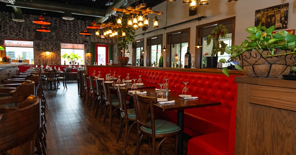 Interior, leather bench seating space