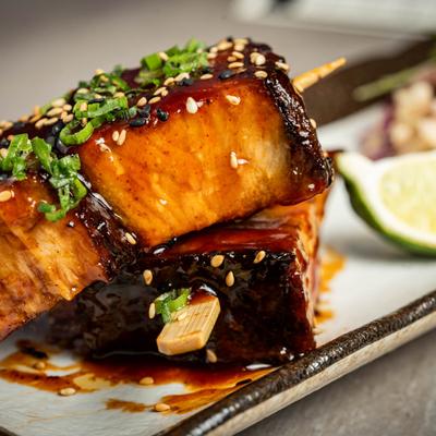 Pork belly in BBQ sauce.