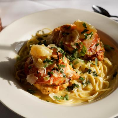 chicken and shrimp rossini, closeup.