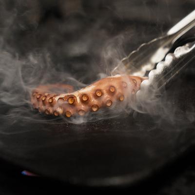 Octopus tentacle on a hot grill.