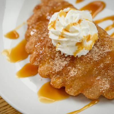 Churro with Bavarian cream, caramel, and cinnamon.