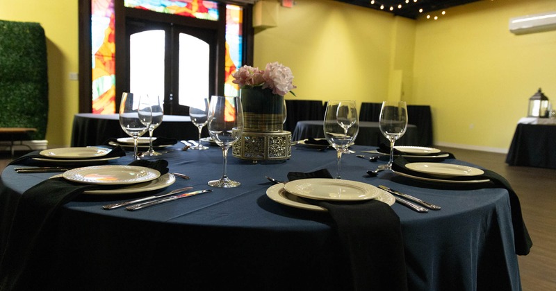 Interior, dining table setting at Coco's Event Center