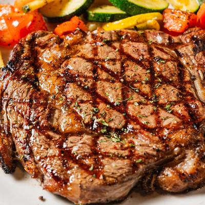 Twelve pound Texas rib eye steak, close up.