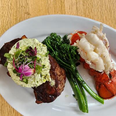Grilled steak and lobster tail.