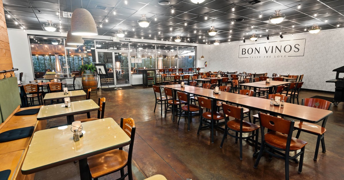 Interior, big dining area, tables and chairs