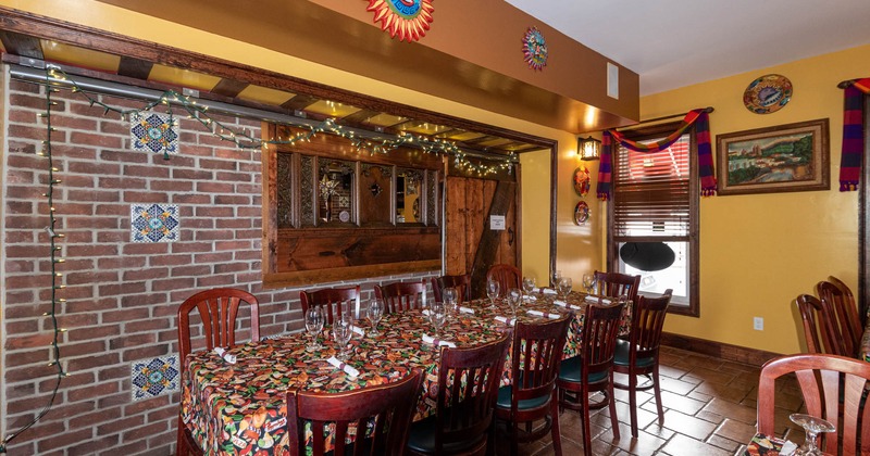 Interior, long dining tables with chairs