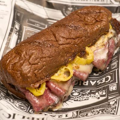 Pastrami and Swiss steamer sandwich.