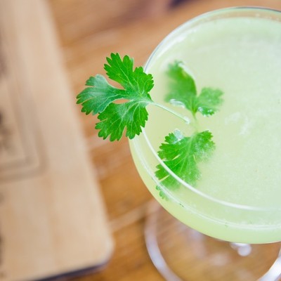 Southside cocktail garnished with cilantro.