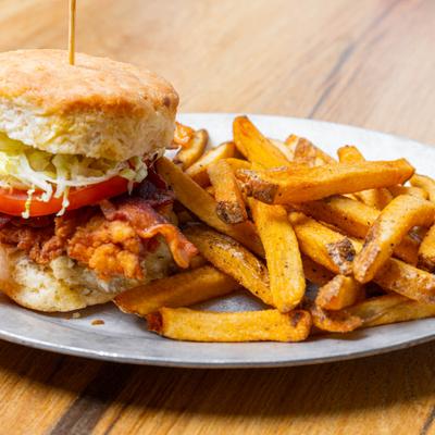 Hagley biscuit sandwich served with fries.