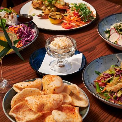 Different food dishes served on the table