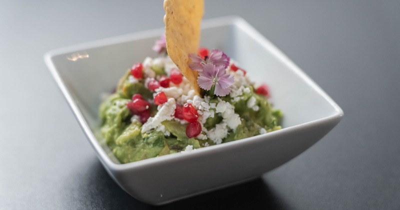 Guacamole served with a single tortilla chip in a white square bowl