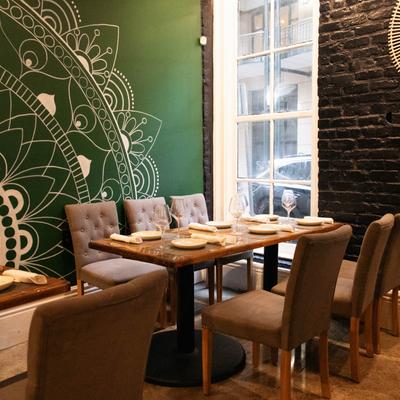 Dining table set for guests.