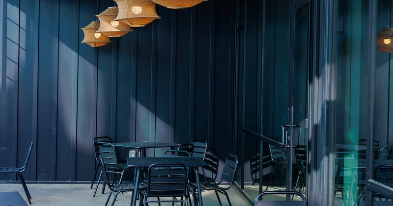 Exterior, terrace, tables, chairs, chandeliers