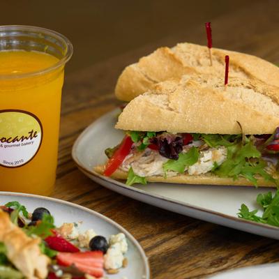 Grilled chicken sandwich with greens, tomato, and cranberries.