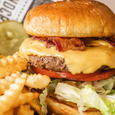 All American Bacon Cheeseburger, closeup.