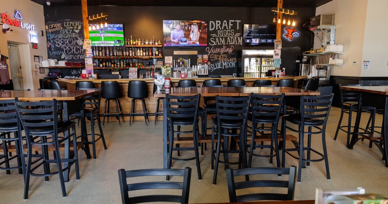 Diner area, tables, chairs, wide view