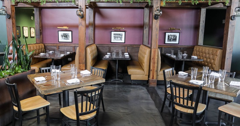 Interior, dining area, set tables and booths