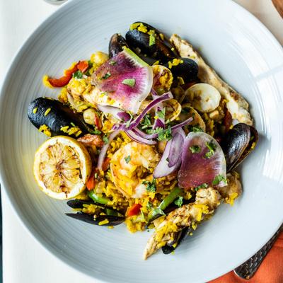 Seafood Paella, top view.